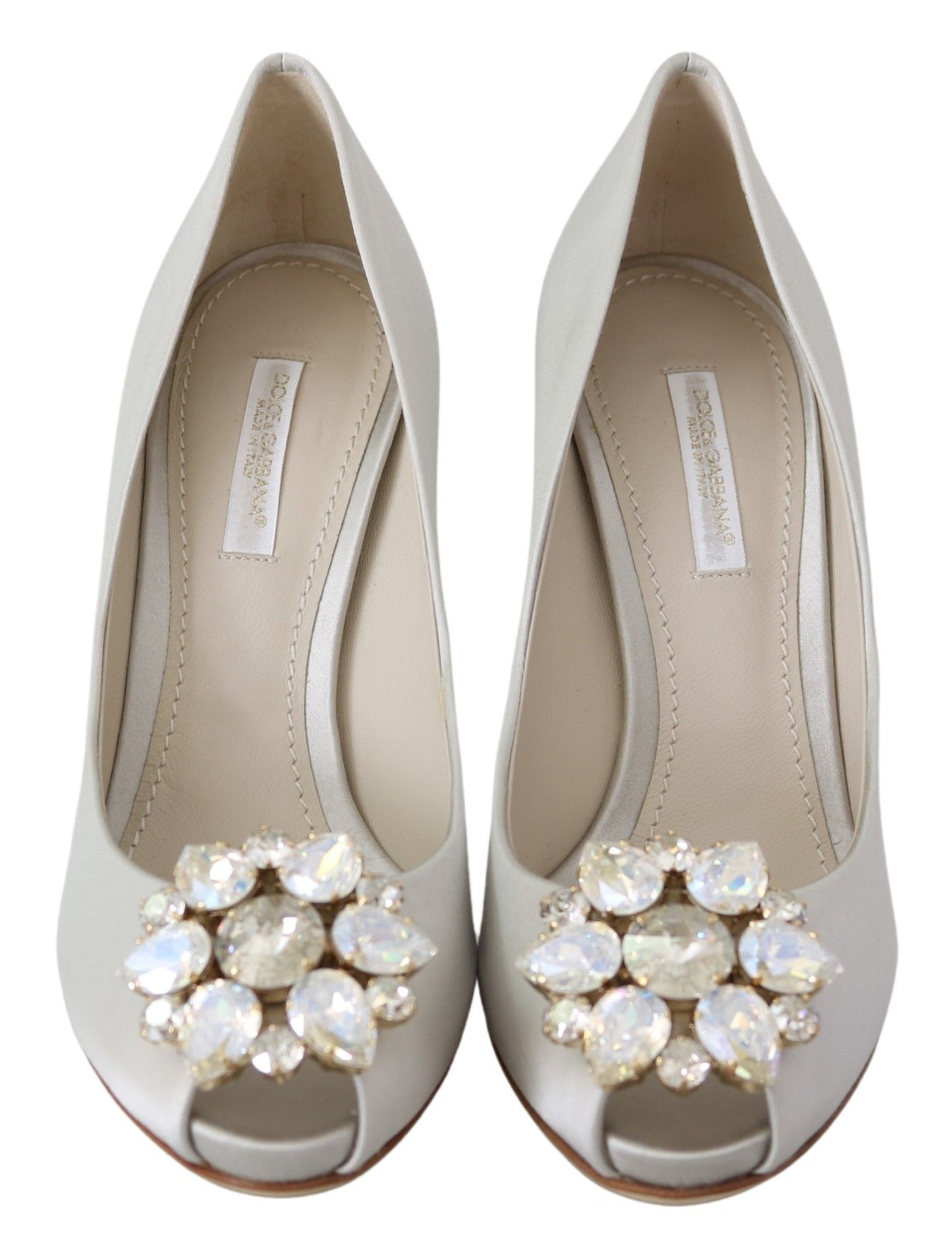 Dolce &amp; Gabbana White Crystals Peep Toe Heels Satin Pumps Shoes