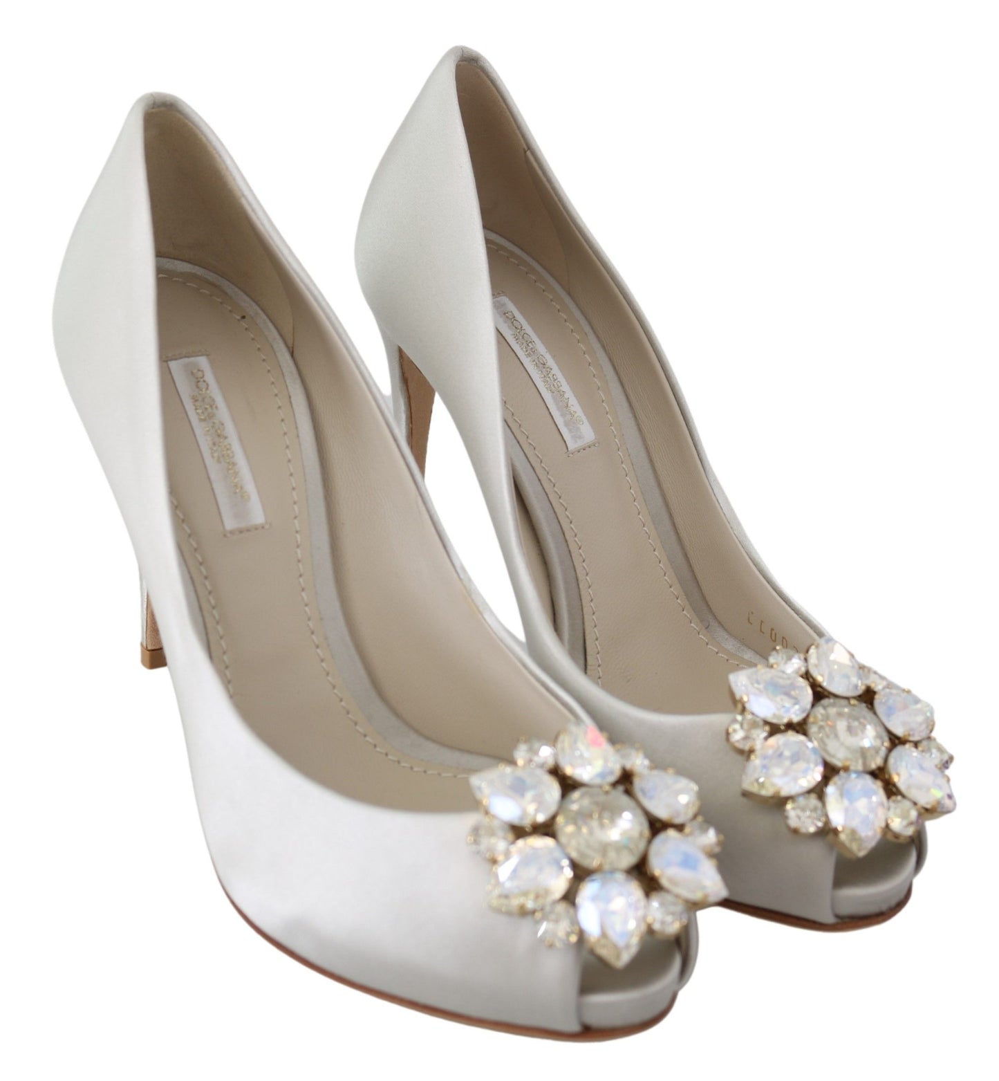 Dolce &amp; Gabbana White Crystals Peep Toe Heels Satin Pumps Shoes