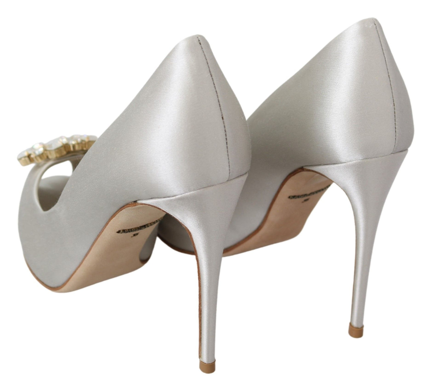 Dolce &amp; Gabbana White Crystals Peep Toe Heels Satin Pumps Shoes