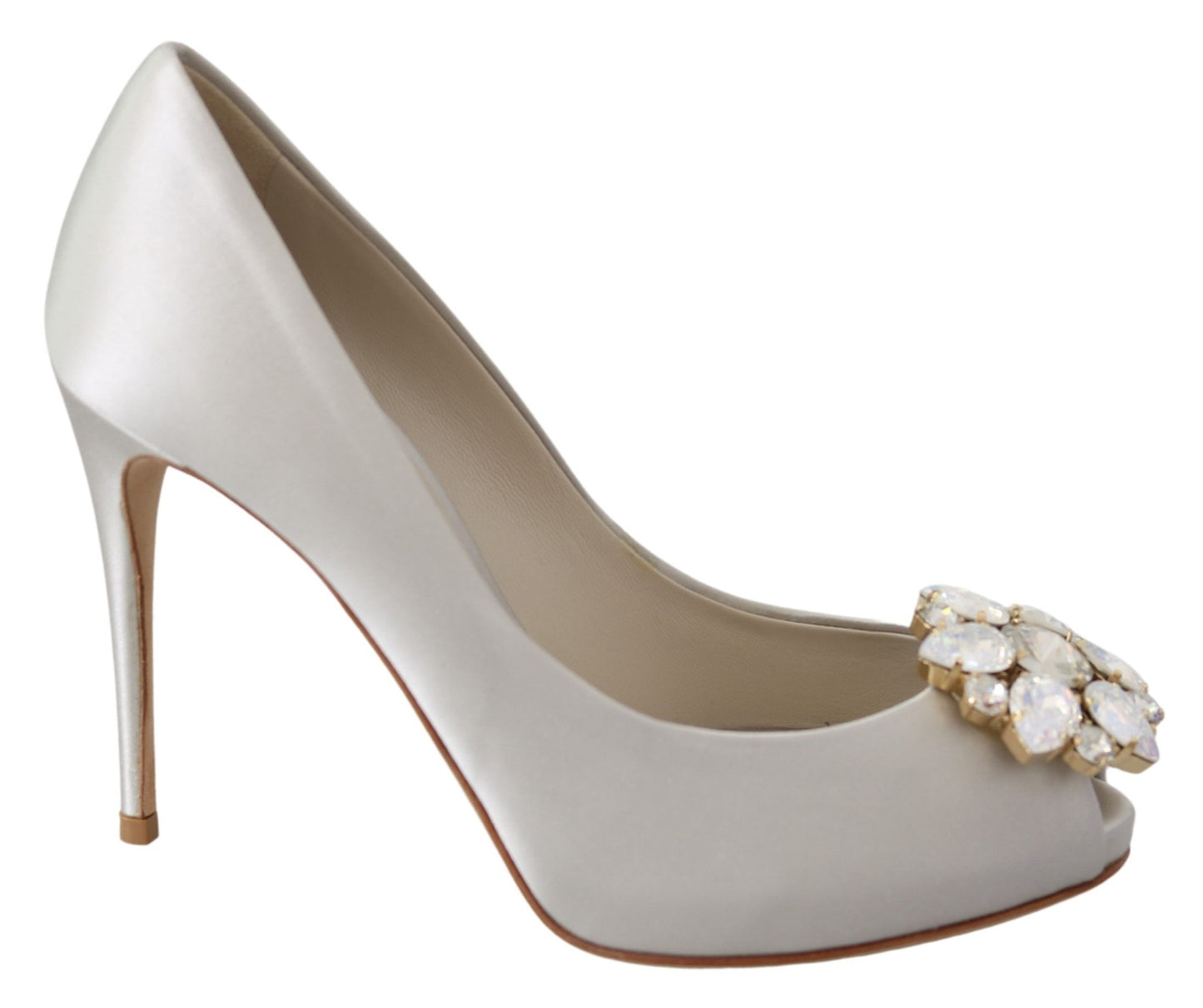 Dolce &amp; Gabbana White Crystals Peep Toe Heels Satin Pumps Shoes