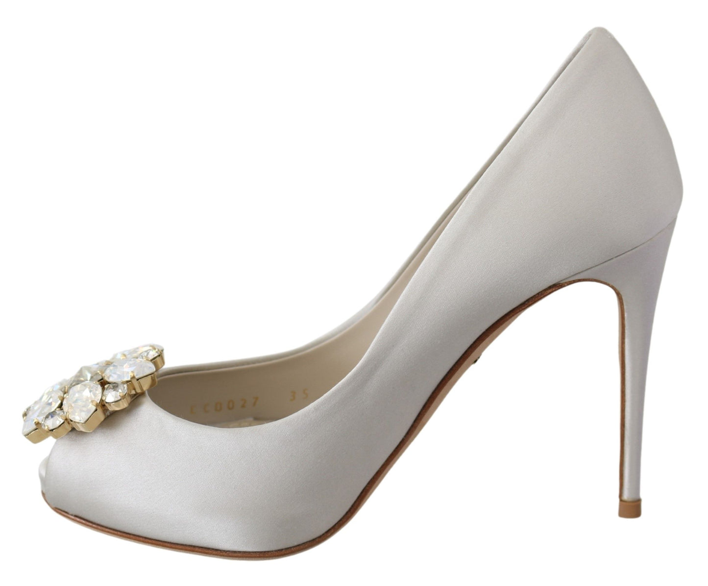 Dolce &amp; Gabbana White Crystals Peep Toe Heels Satin Pumps Shoes