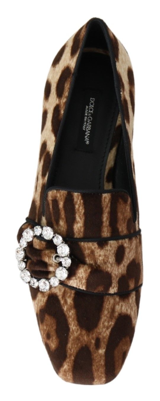 Dolce &amp; Gabbana Braune Loafers mit Kristallen und Leopardenmuster, flache Schuhe