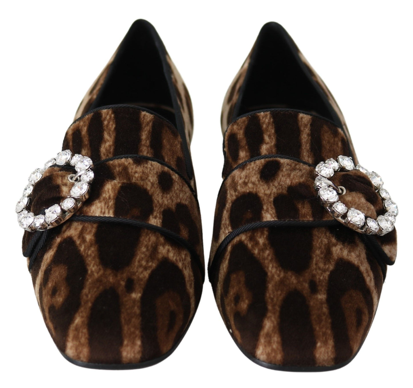 Dolce &amp; Gabbana Braune Loafers mit Kristallen und Leopardenmuster, flache Schuhe