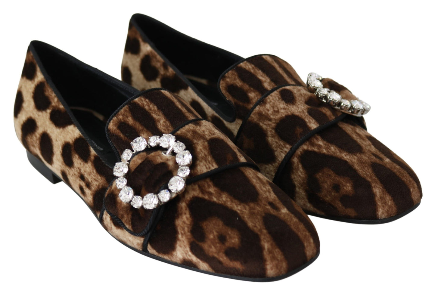 Dolce &amp; Gabbana Braune Loafers mit Kristallen und Leopardenmuster, flache Schuhe