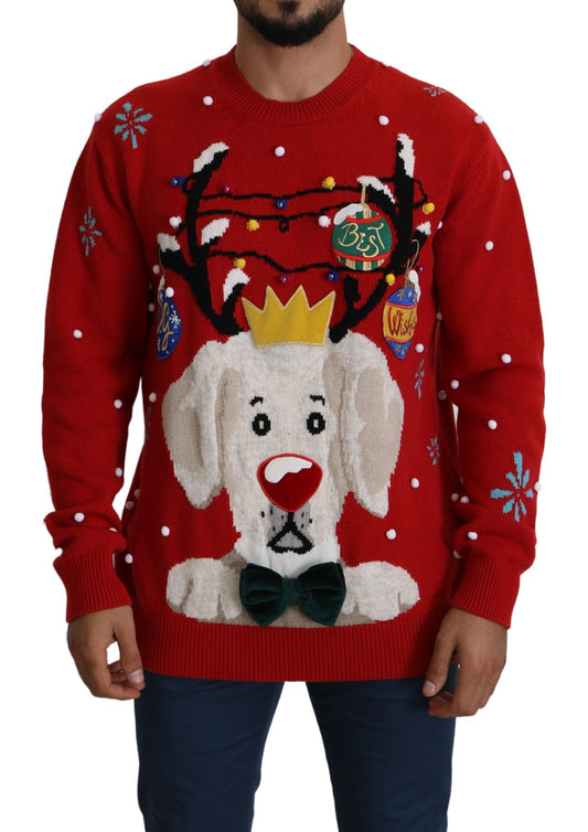 Dolce &amp; Gabbana Red Christmas Dog Pullover Cashmere Sweater