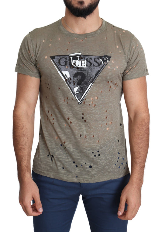 Guess Braunes Baumwoll-Stretch-Logo-Print-Männer-Lässiges, perforiertes T-Shirt