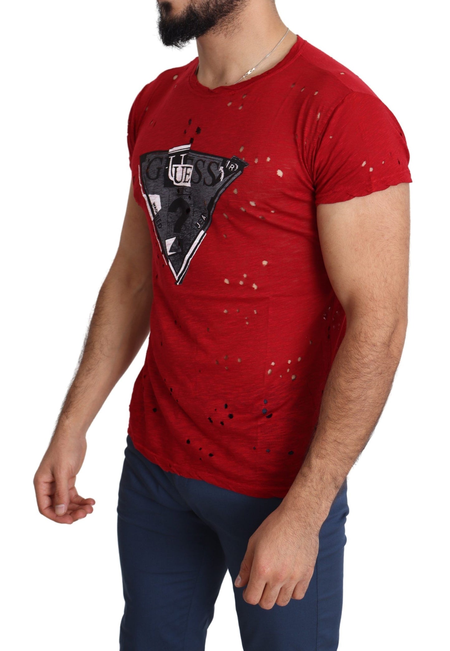 Guess Red Cotton Logo Print Herren Casual Top Perforiertes T-Shirt