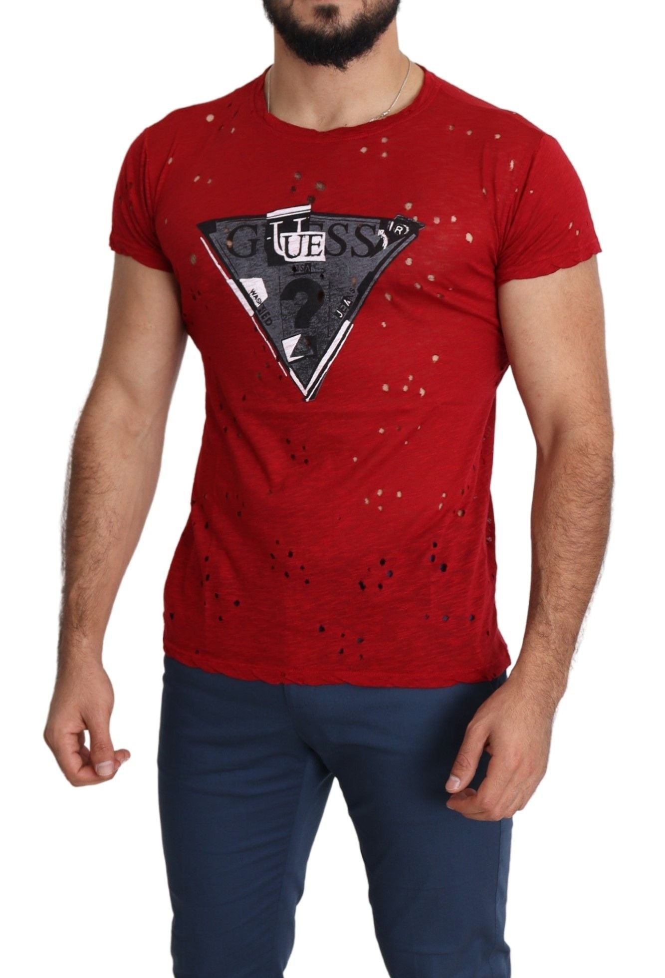 Guess Red Cotton Logo Print Herren Casual Top Perforiertes T-Shirt