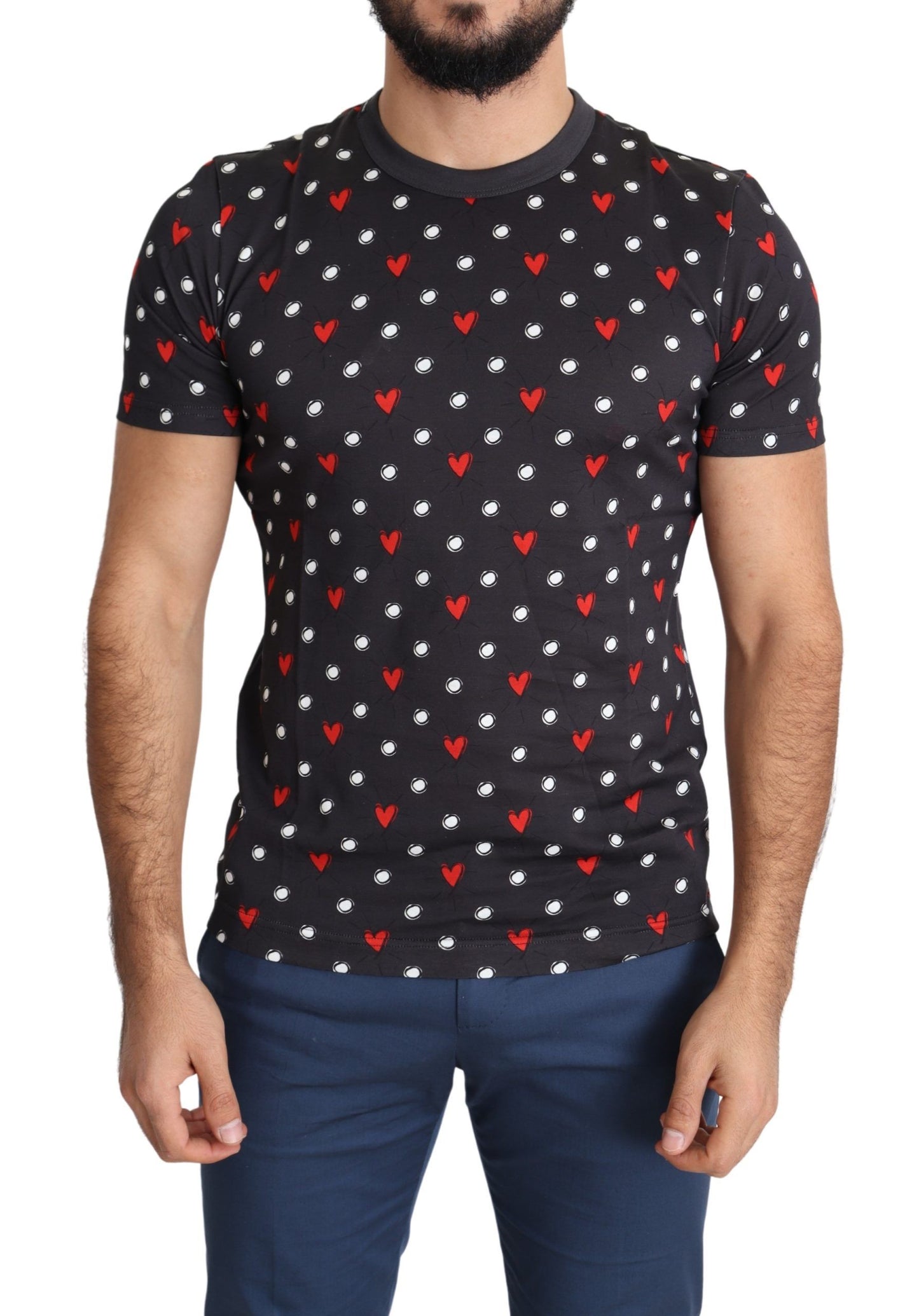 Dolce &amp; Gabbana Dark Grey Hearts Print Cotton Men T-shirt