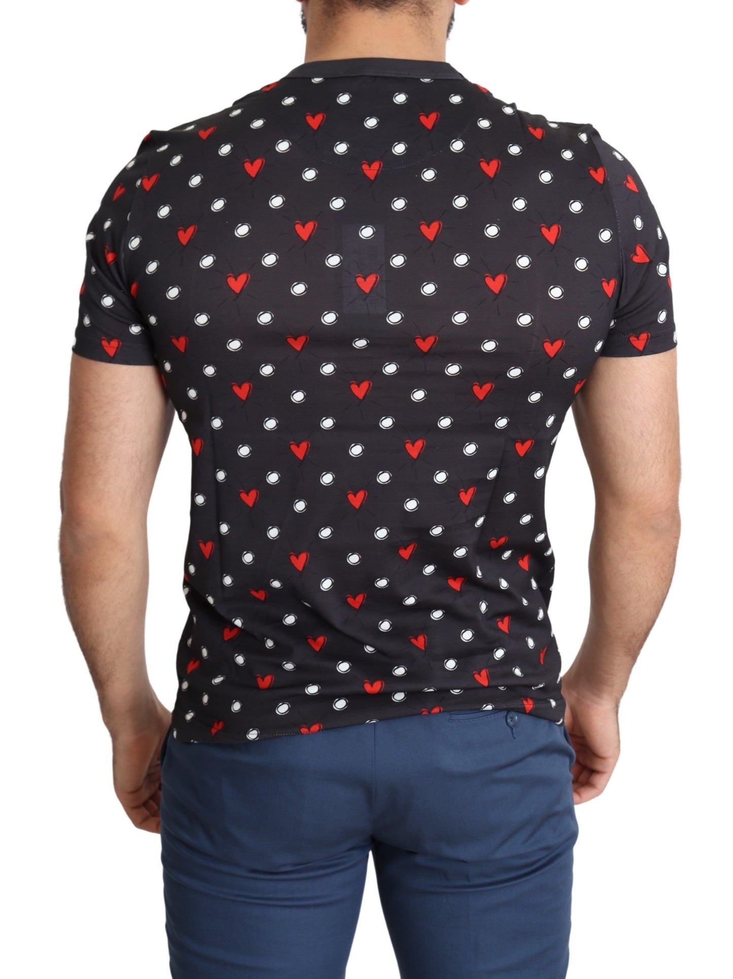 Dolce &amp; Gabbana Dark Grey Hearts Print Cotton Men T-shirt