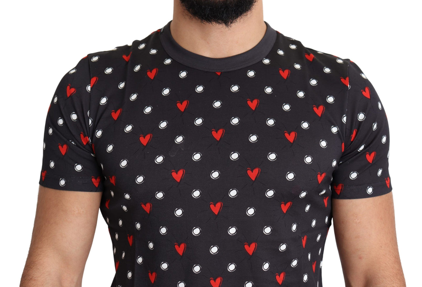 Dolce &amp; Gabbana Dark Grey Hearts Print Cotton Men T-shirt