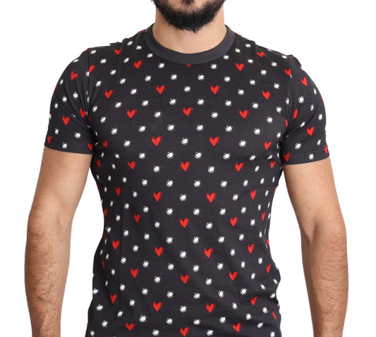 Dolce &amp; Gabbana Dark Grey Hearts Print Cotton Men T-shirt