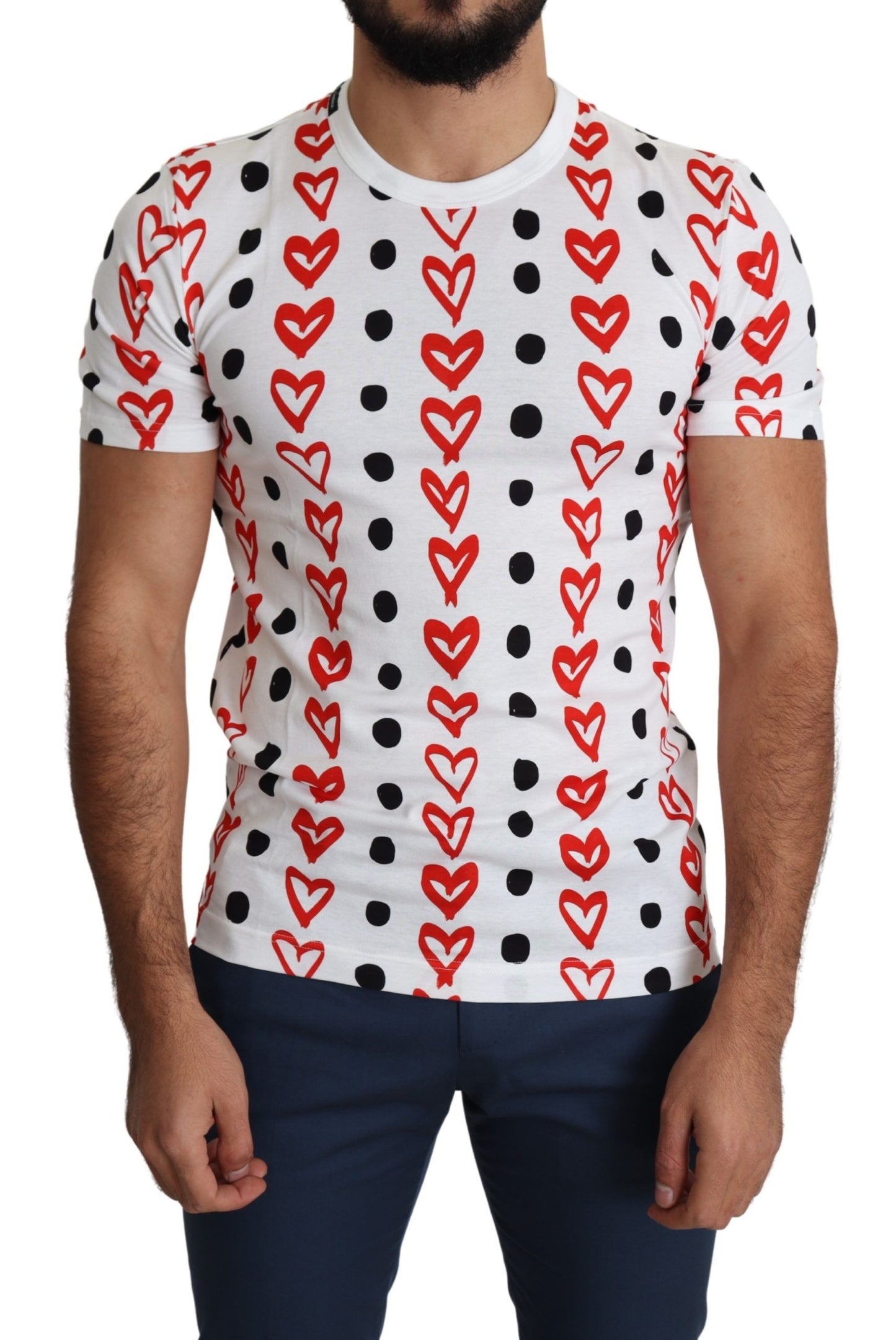 Dolce &amp; Gabbana White Hearts Print Cotton Men Top T-shirt