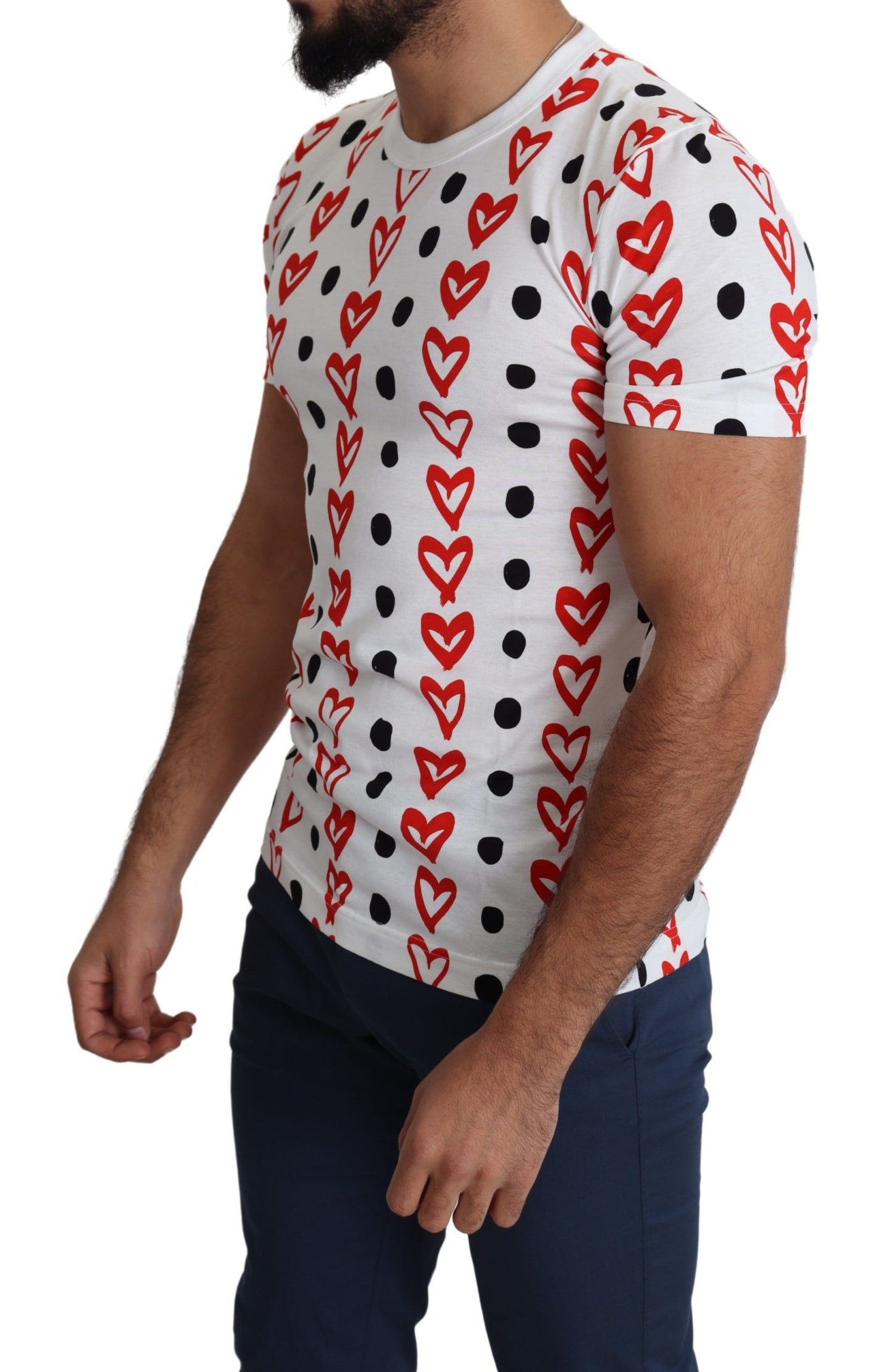 Dolce &amp; Gabbana White Hearts Print Cotton Men Top T-shirt