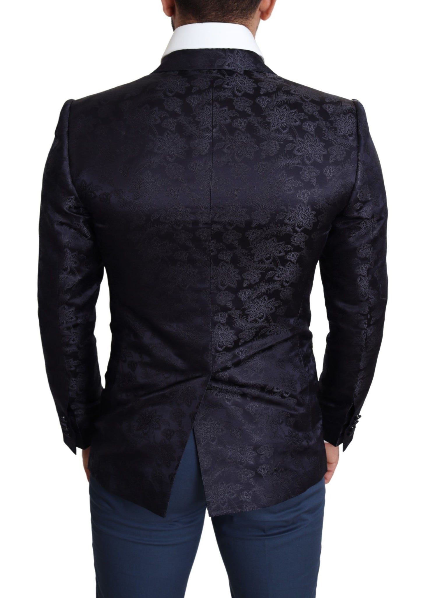 Dolce &amp; Gabbana Blauer Jacquard-Seidenmantel mit Blumenmuster, MARTINI-Blazer