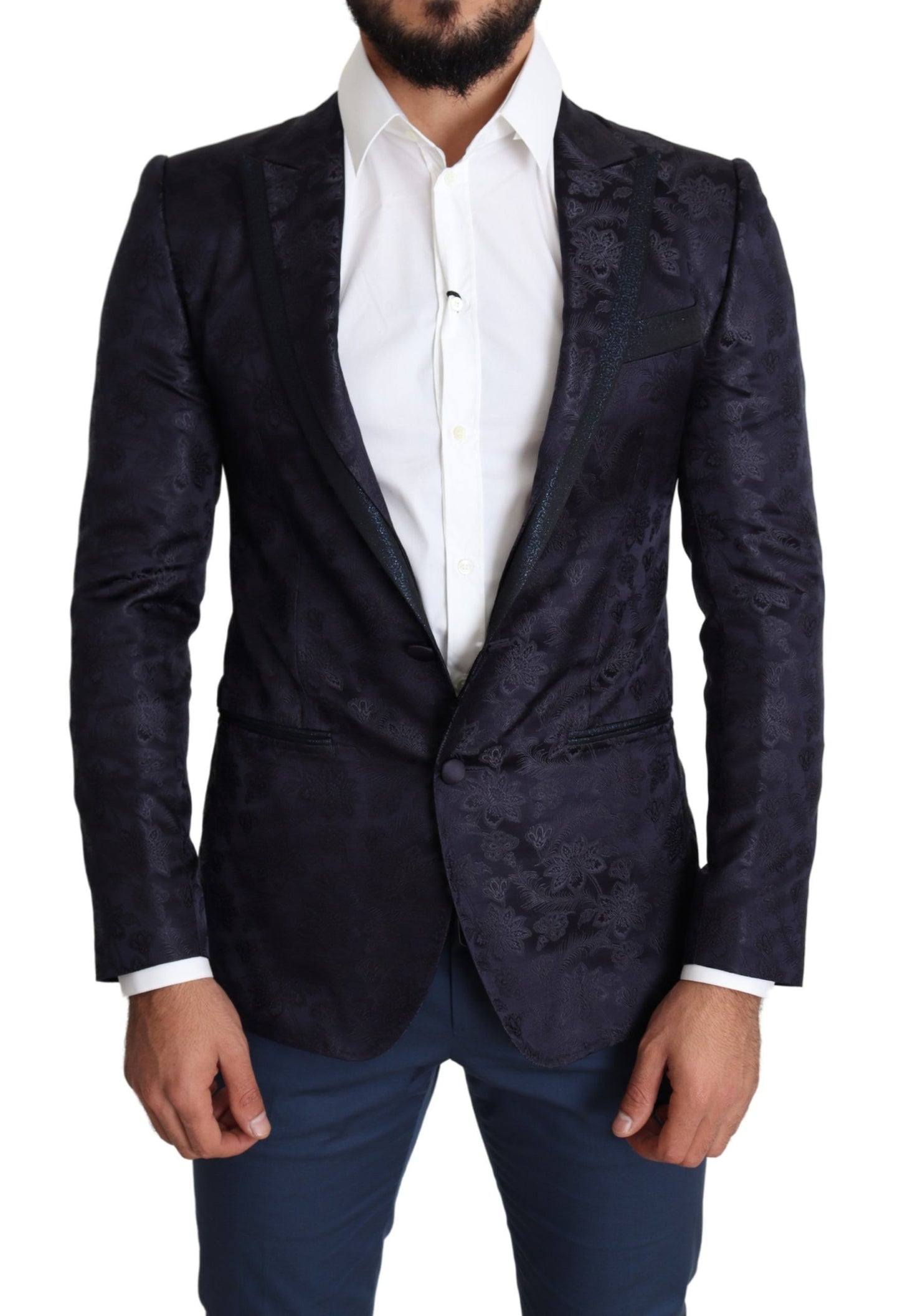 Dolce &amp; Gabbana Blauer Jacquard-Seidenmantel mit Blumenmuster, MARTINI-Blazer