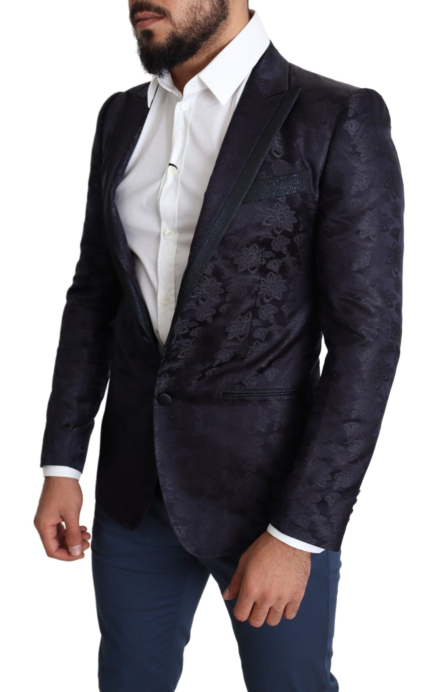 Dolce &amp; Gabbana Blauer Jacquard-Seidenmantel mit Blumenmuster, MARTINI-Blazer