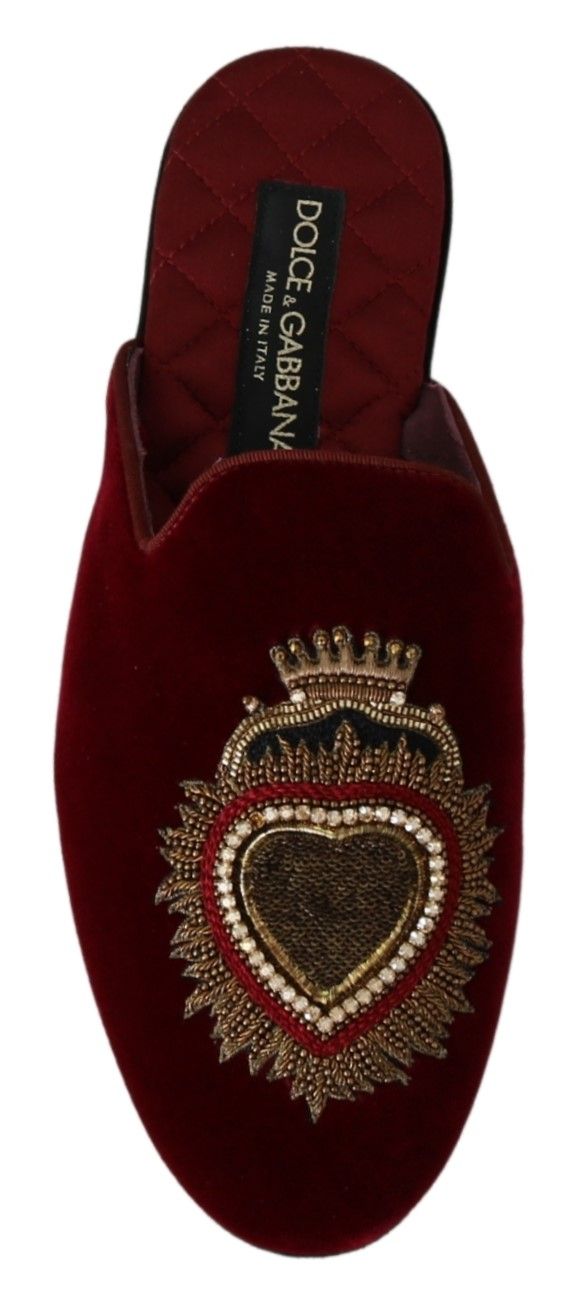 Dolce &amp; Gabbana Red Velvet Sacred Heart Embroidery Slides Shoes