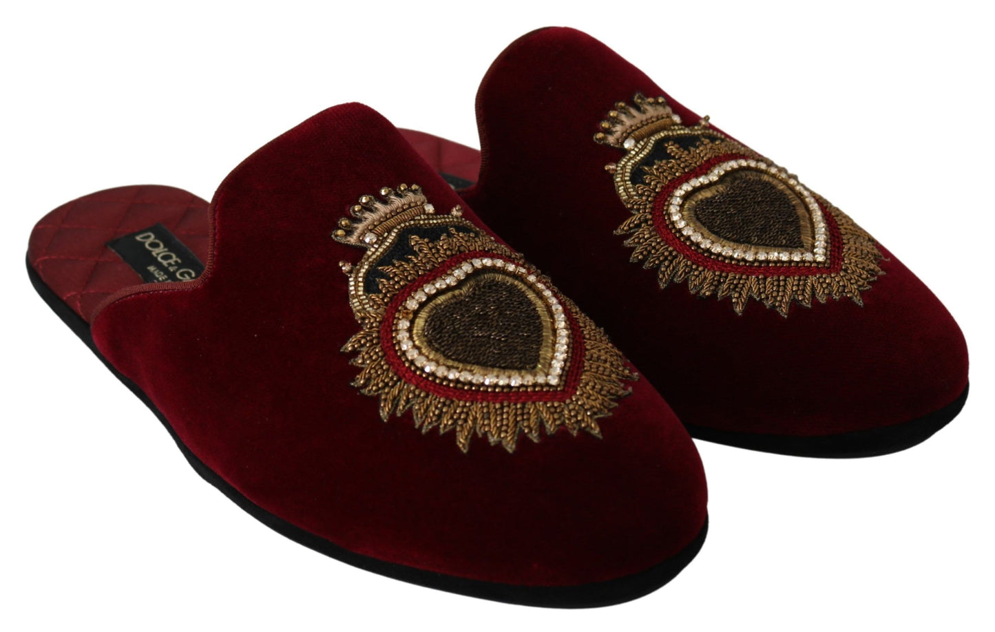 Dolce &amp; Gabbana Red Velvet Sacred Heart Embroidery Slides Shoes