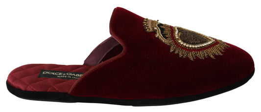 Dolce &amp; Gabbana Red Velvet Sacred Heart Embroidery Slides Shoes