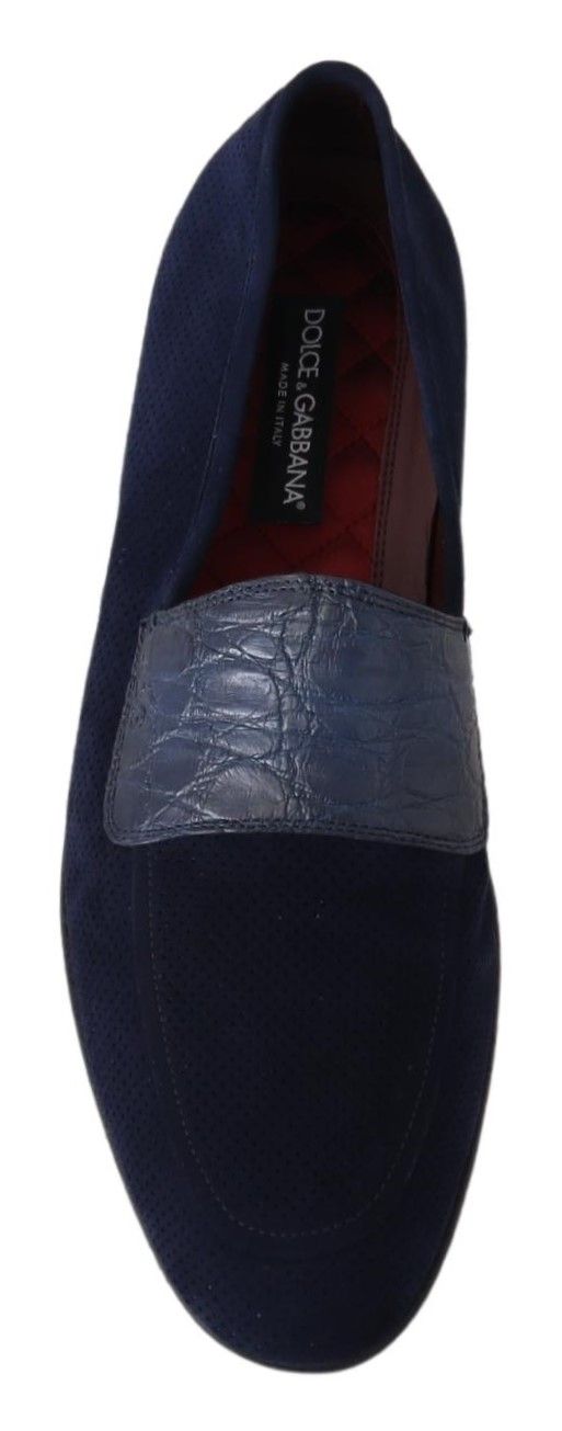 Dolce &amp; Gabbana Blue Suede Caiman Loafers Slippers Shoes