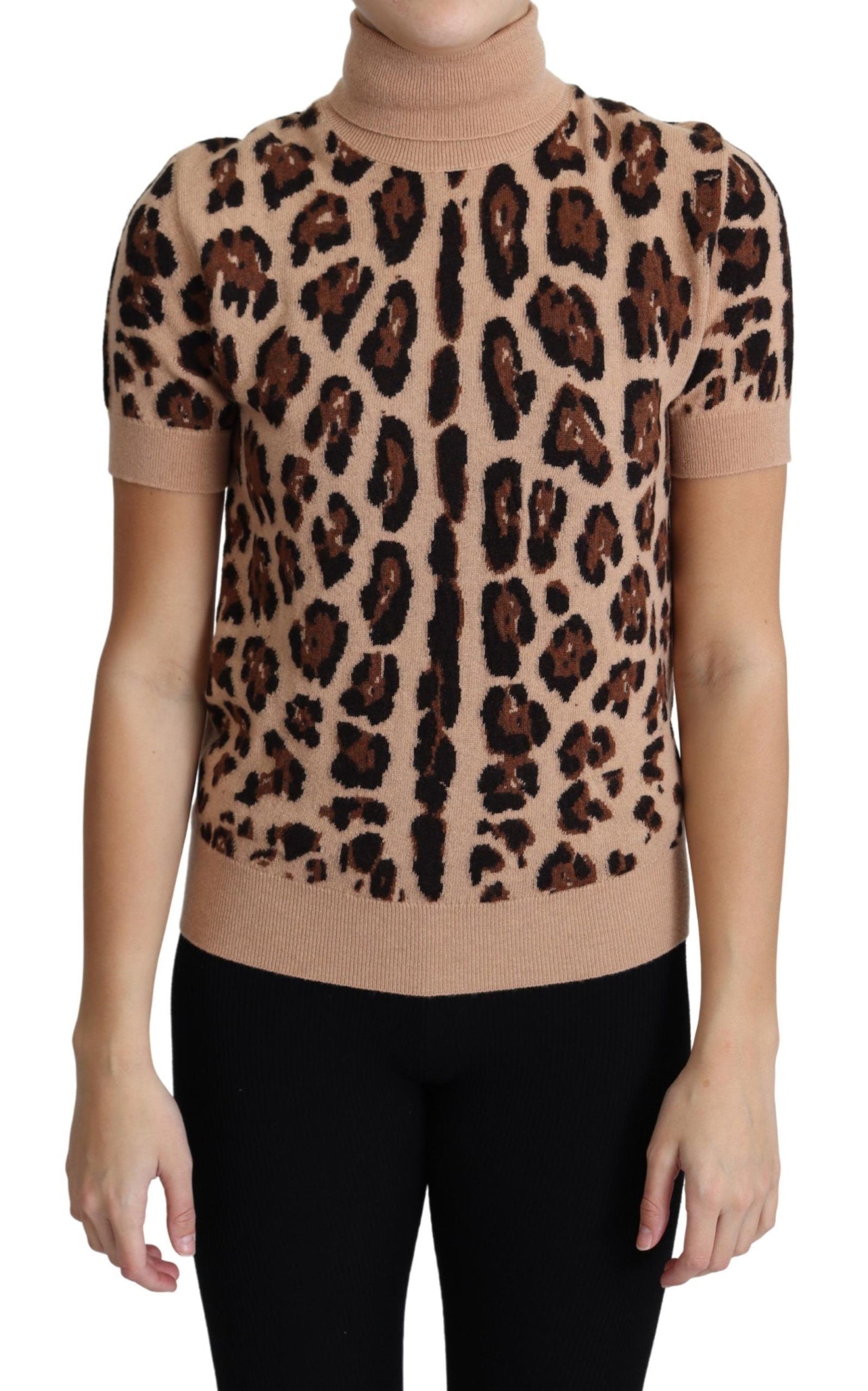 Dolce &amp; Gabbana Beige Leopard Print Virgin Wool Turtleneck Top