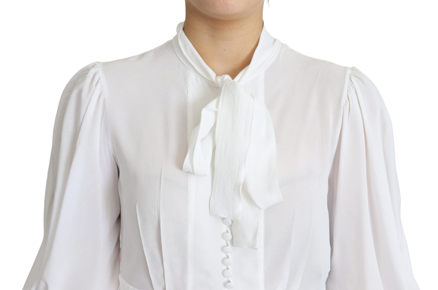 Dolce &amp; Gabbana White Blouse Ascot Collar Lantern Sleeves Top