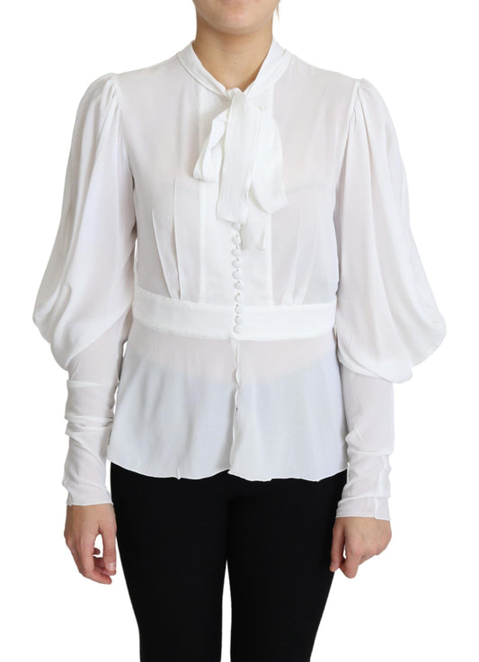 Dolce &amp; Gabbana White Blouse Ascot Collar Lantern Sleeves Top