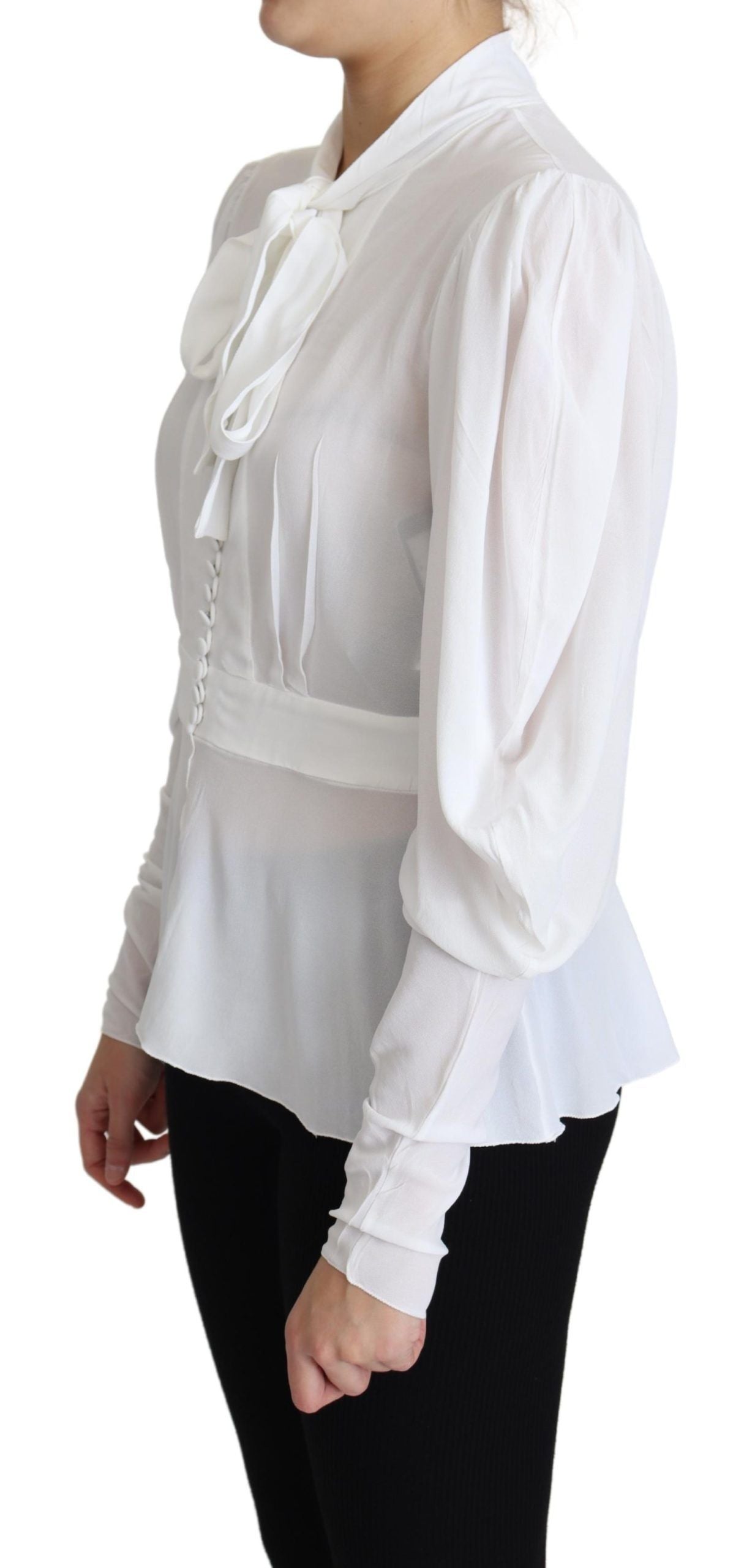 Dolce &amp; Gabbana White Blouse Ascot Collar Lantern Sleeves Top