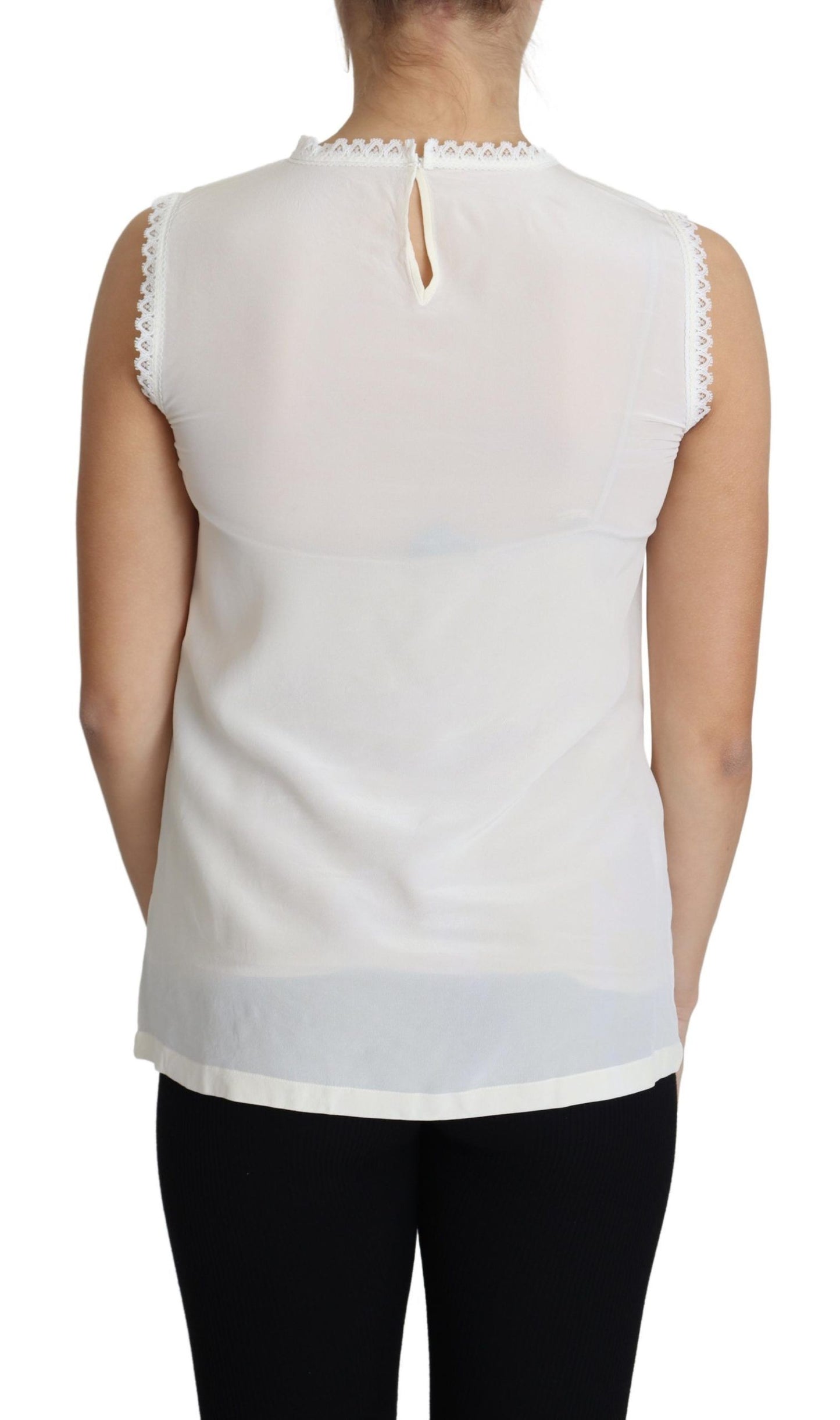 Dolce &amp; Gabbana White Blouse Silk Lace Trimmed Sleeveless Top