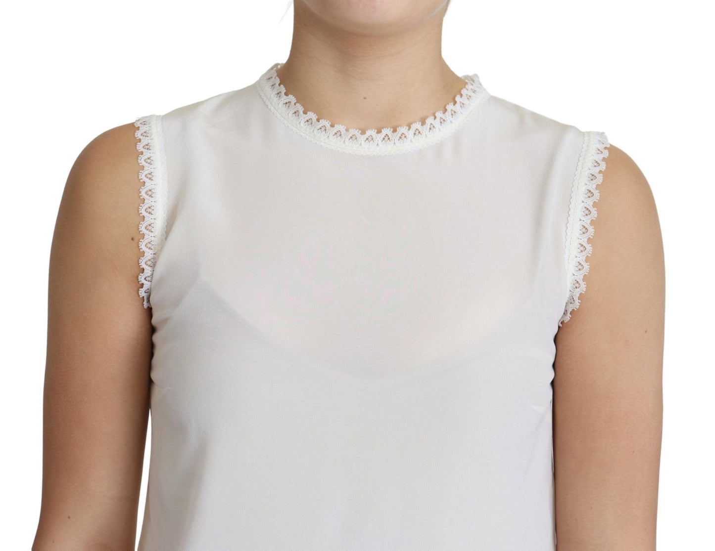 Dolce &amp; Gabbana White Blouse Silk Lace Trimmed Sleeveless Top