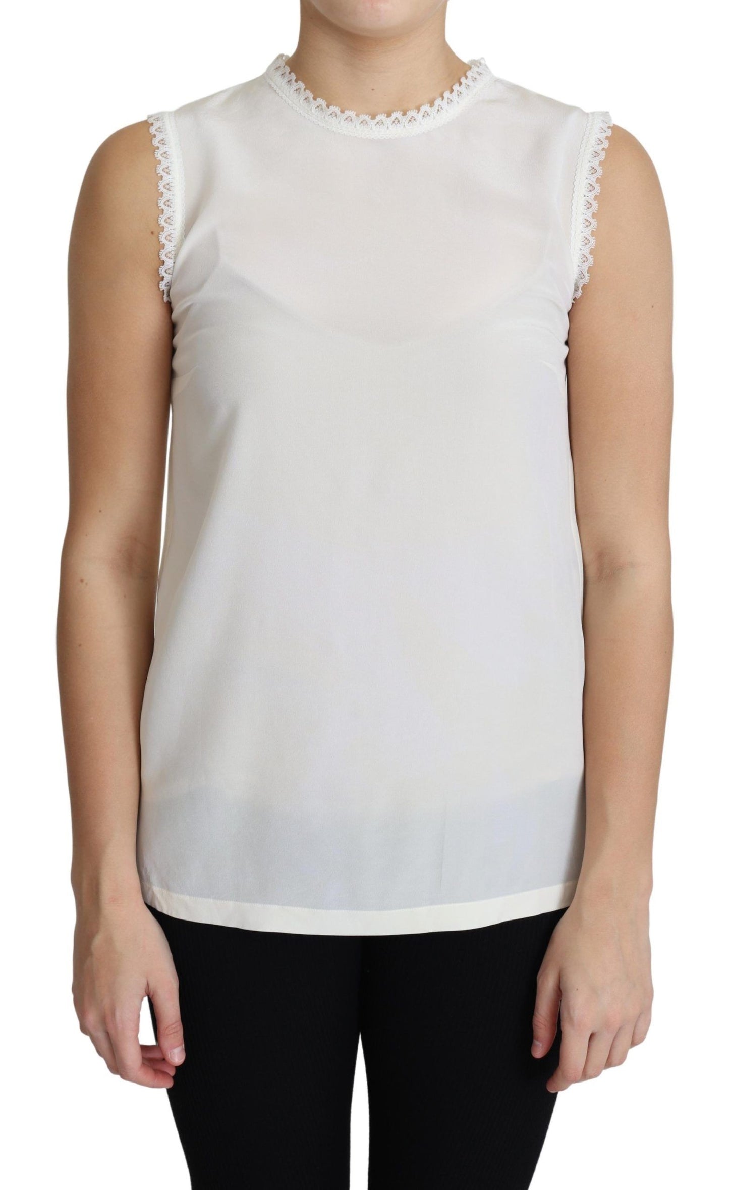 Dolce &amp; Gabbana White Blouse Silk Lace Trimmed Sleeveless Top