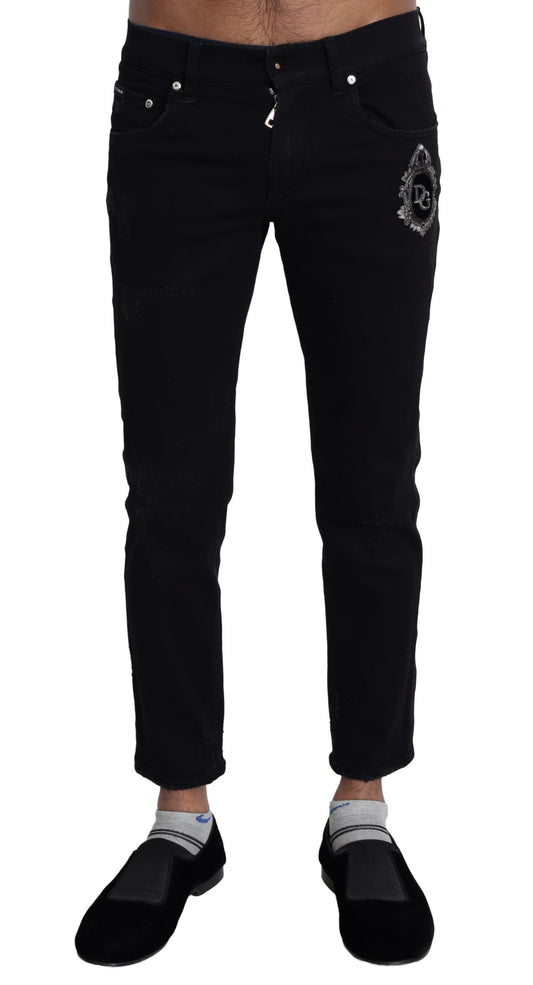 Dolce &amp; Gabbana Black Heraldic Embroidery Skinny Denim Jeans