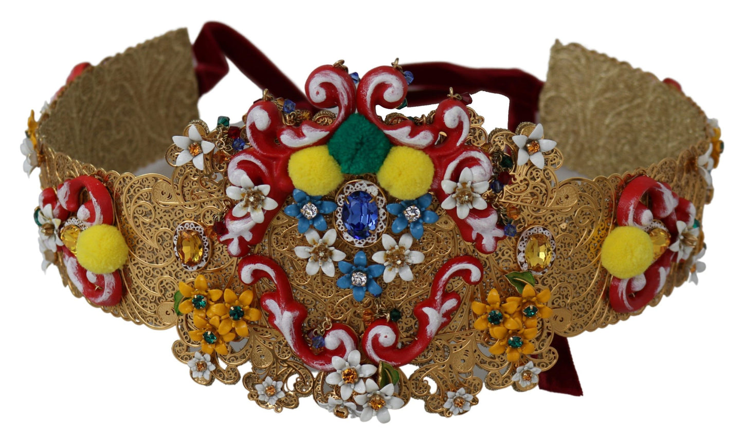 Dolce &amp; Gabbana multicolor Pinalamutian na Floral Crystal Wide Waist Belt