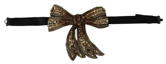 Dolce &amp; Gabbana Gold Tone Silk Rhinestone Embellished Women Bowtie