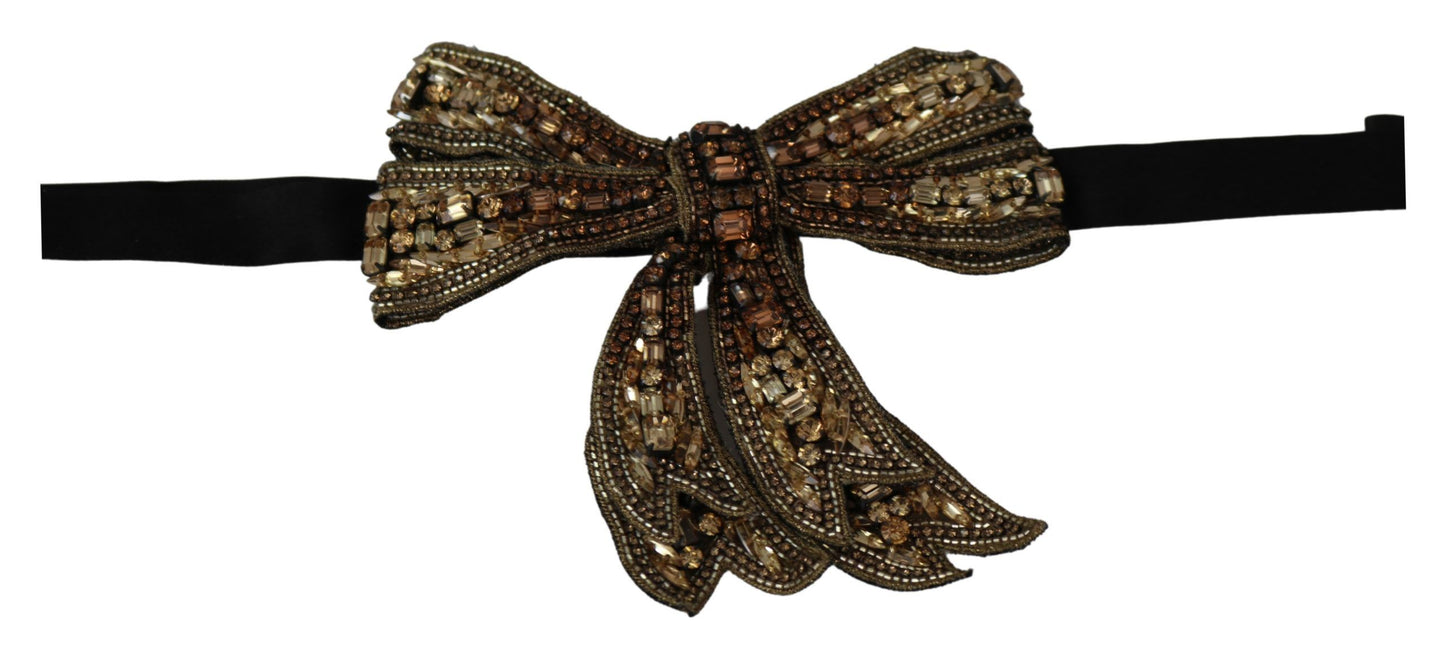 Dolce &amp; Gabbana Gold Tone Silk Rhinestone Embellished Women Bowtie