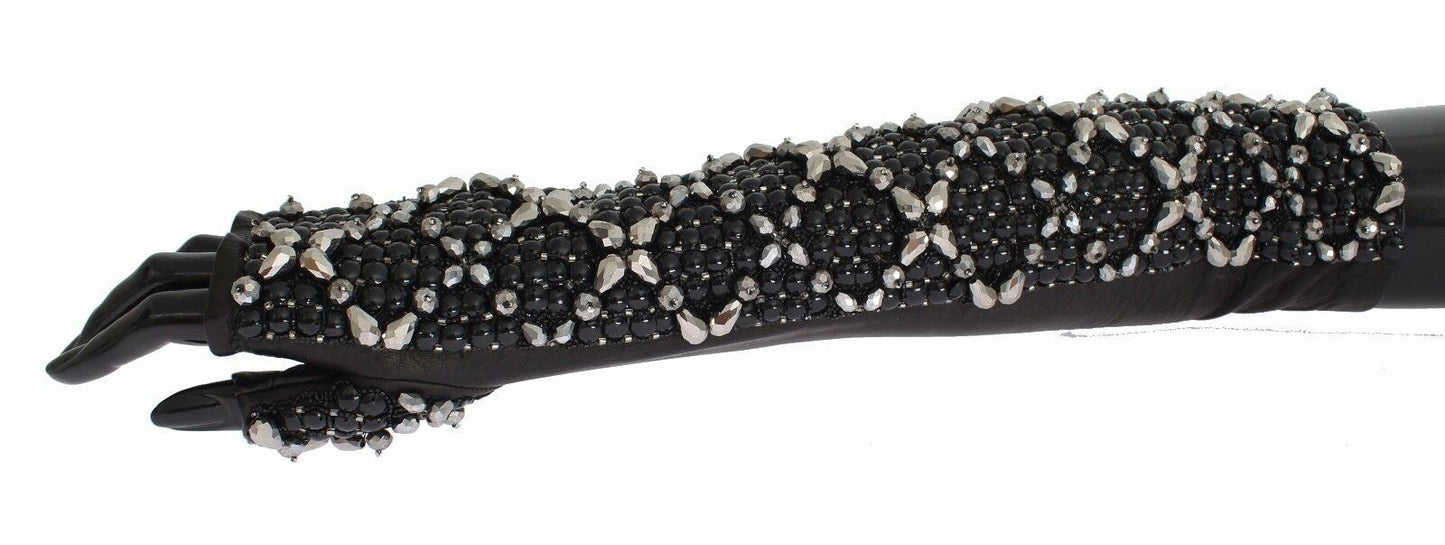 Dolce &amp; Gabbana Black Leather Crystal Beaded Finger Free Gloves