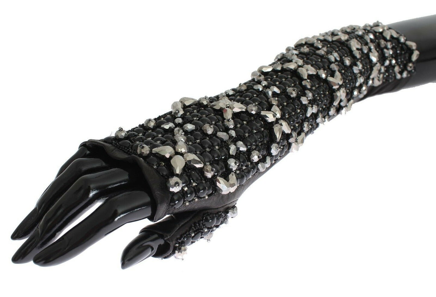 Dolce &amp; Gabbana Black Leather Crystal Beaded Finger Free Gloves