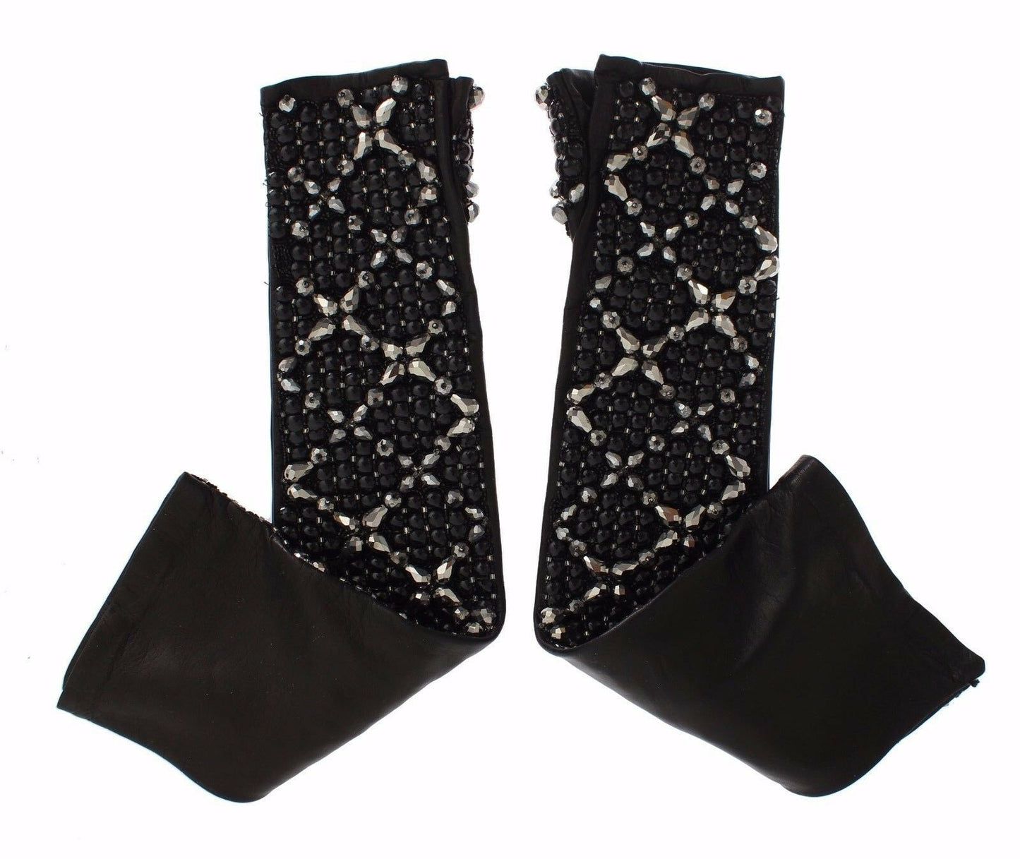 Dolce &amp; Gabbana Black Leather Crystal Beaded Finger Free Gloves