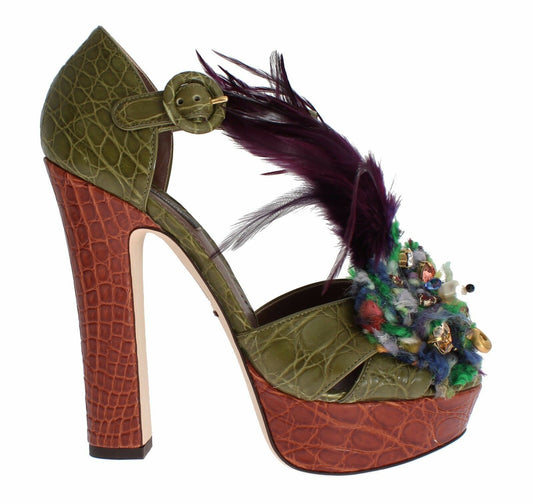 Dolce &amp; Gabbana Green Leather Crystal Platform Sandal Shoes