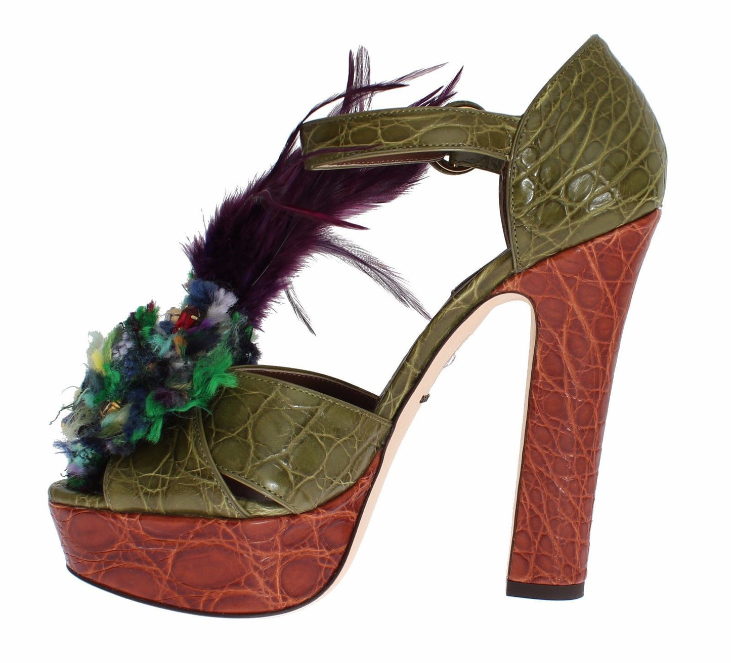 Dolce &amp; Gabbana Green Leather Crystal Platform Sandal Shoes