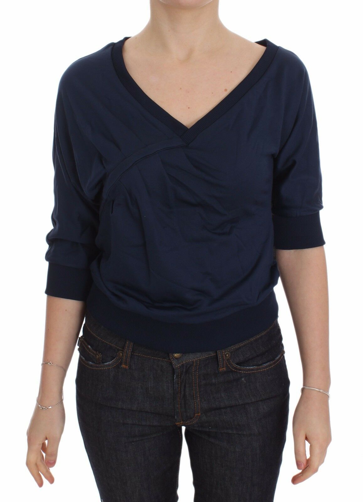 Exte Blue Cotton Top Pullover Deep V-neck Women Sweater 