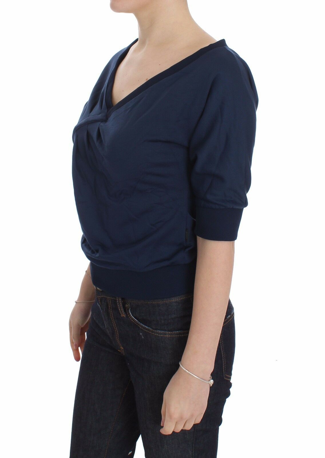 Exte Blue Cotton Top Pullover Damenpullover mit tiefem V-Ausschnitt 