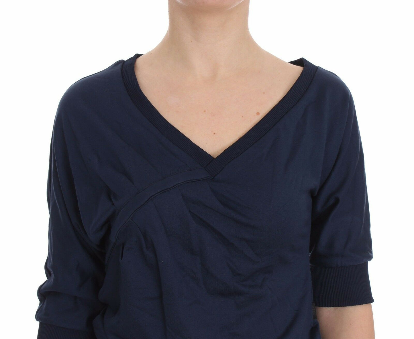 Exte Blue Cotton Top Pullover Deep V-neck Women Sweater 