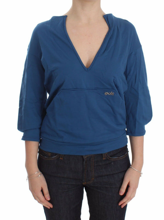 Exte Blue Cotton Top Pullover Damenpullover mit tiefem V-Ausschnitt