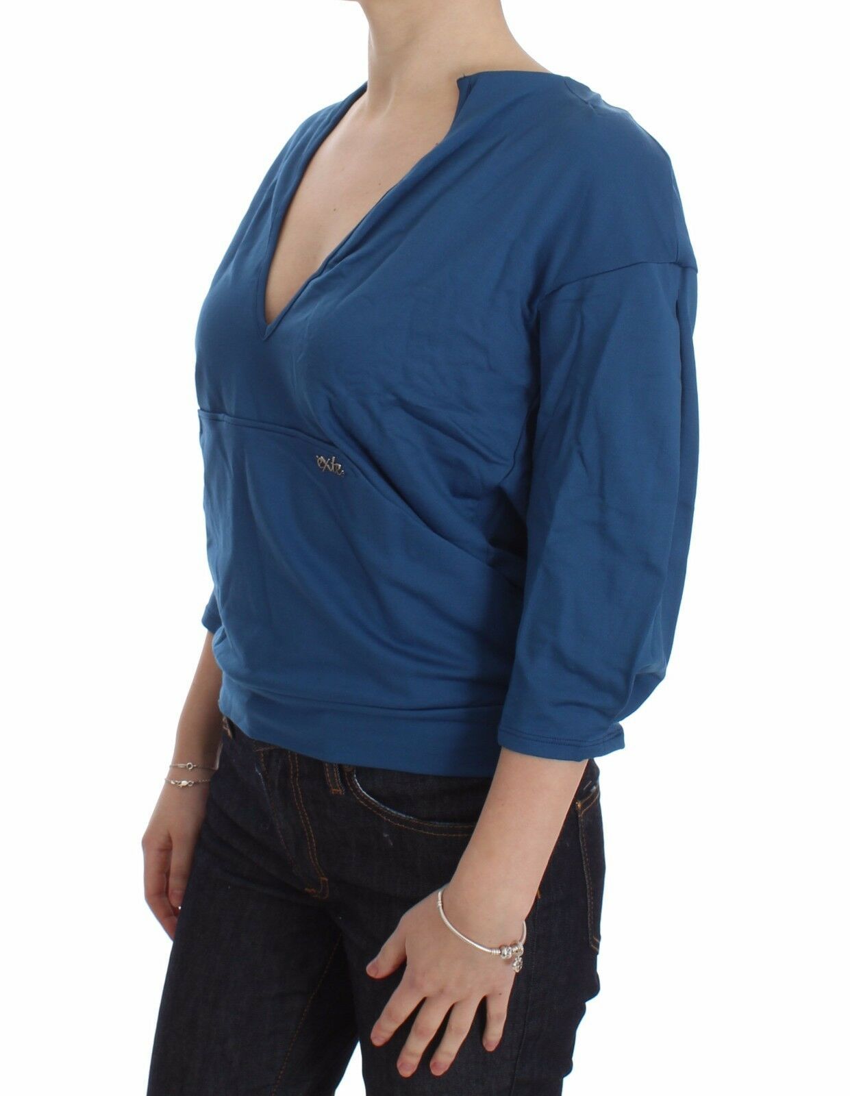 Exte Blue Cotton Top Pullover Damenpullover mit tiefem V-Ausschnitt