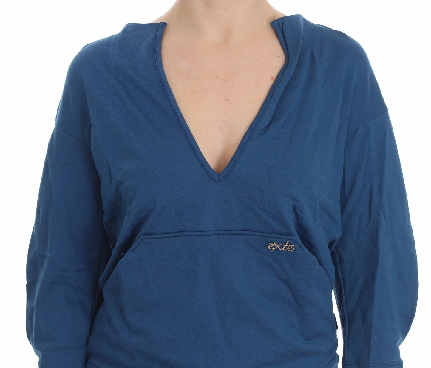 Exte Blue Cotton Top Pullover Damenpullover mit tiefem V-Ausschnitt