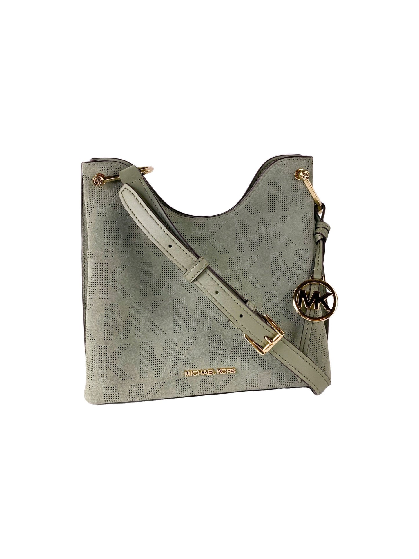 Michael Kors Joan Malaking Perforated Suede Leather Slouchy Messenger Handbag (Army Green)