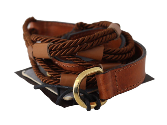 Scervino Street Brown Leather Braided Rope Gold Buckle Belt