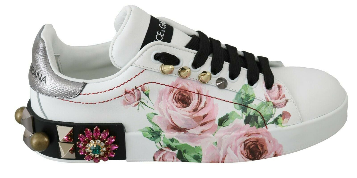 Dolce &amp; Gabbana White Leather Crystal Roses Floral Sneakers Shoes